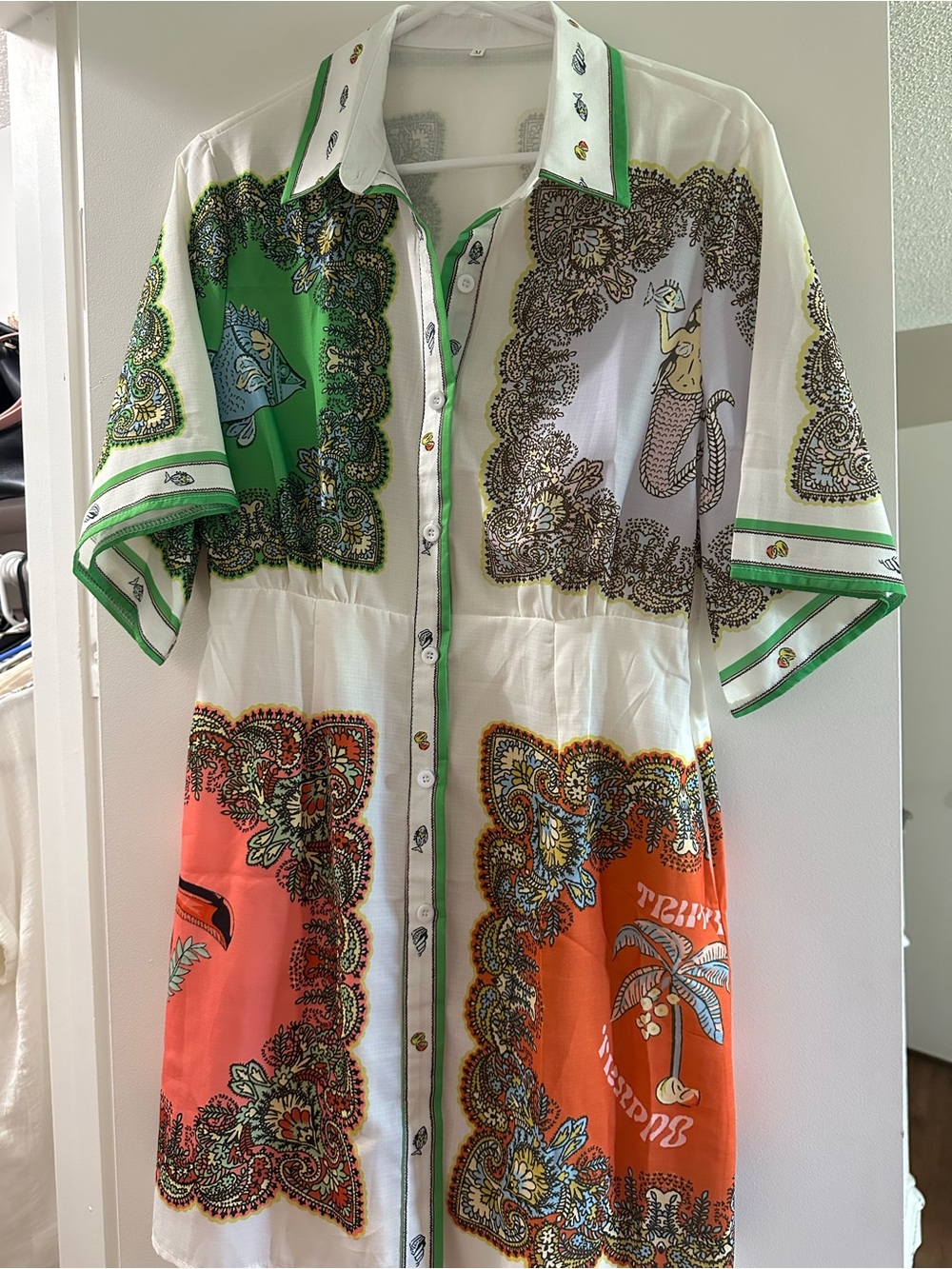 Colorblock Button-Up Dress with Scarf Print